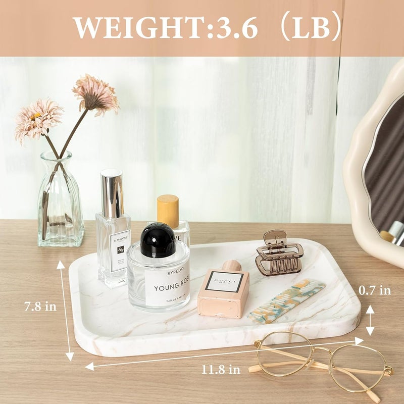 karibiber Marble Vanity Tray, Marble Bathroom Tray Countertop, Decorative Trays for Dresser Organizer, White Stone Storage Serving Trays for Kitchen, Perfume, Jewelry Cathall Holder - Image 2